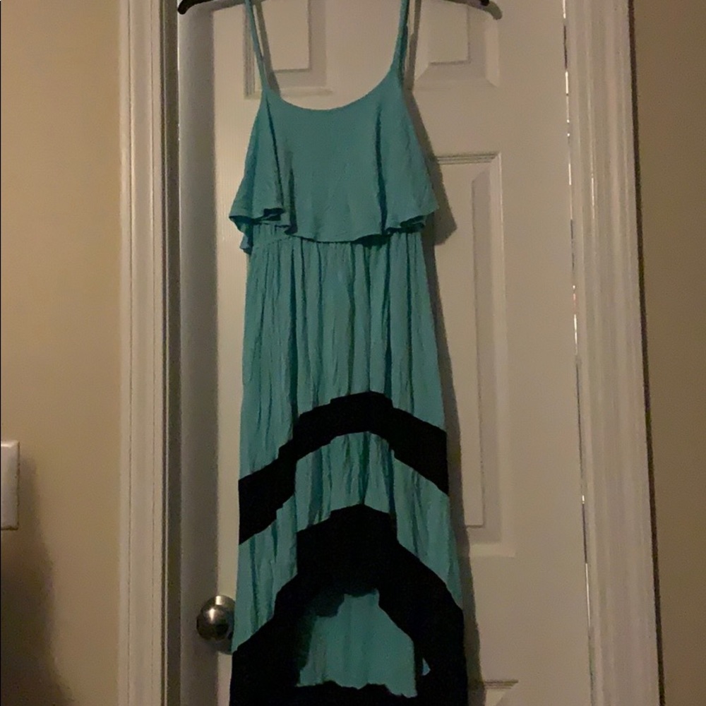 Teal and black mid length dress